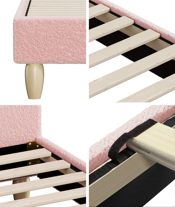 Teddy Soft Boucle Fabric Round Pink Bed | Arched Cushioned Touch Pink Boucle Bed Frame