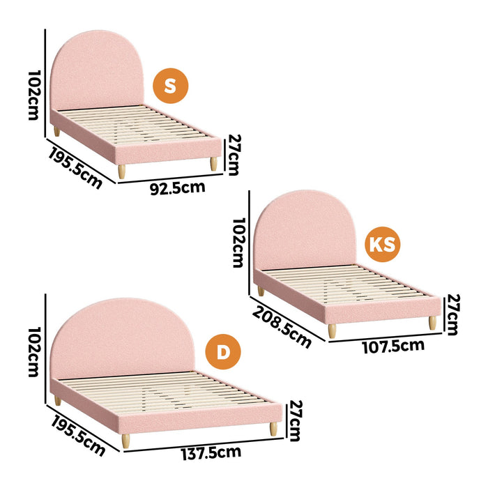 Teddy Soft Boucle Fabric Round Pink Bed | Arched Cushioned Touch Pink Boucle Bed Frame