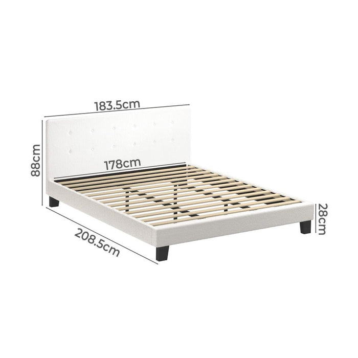Teddy Luxe Soft Boucle Fabric Tuffted White Bed | Cushioned White Upholstered Tuffted Design Boucle Bed Frame