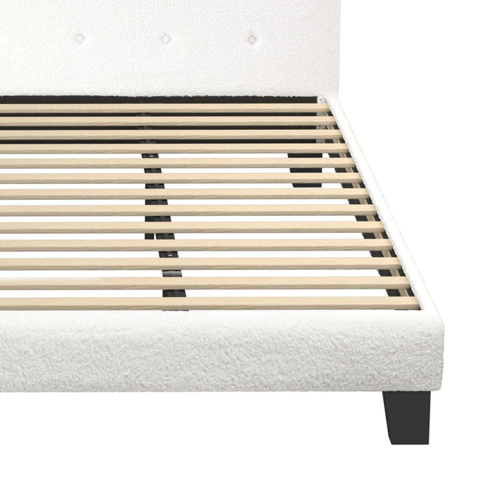 Teddy Luxe Soft Boucle Fabric Tuffted White Bed | Cushioned White Upholstered Tuffted Design Boucle Bed Frame