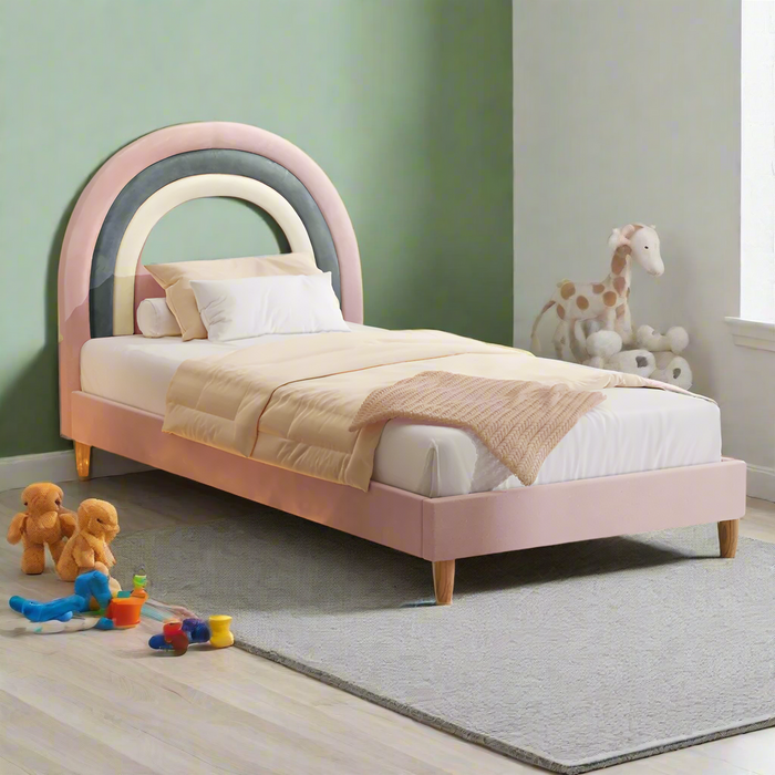 Rainbow Unicorn Style Velvet Bed Frame | Single Size Kids Pink Soft Velvet Fabric Bed
