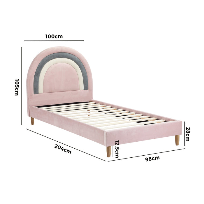 Rainbow Unicorn Style Velvet Bed Frame | Single Size Kids Pink Soft Velvet Fabric Bed