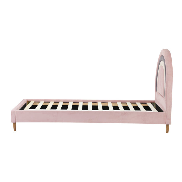 Rainbow Unicorn Style Velvet Bed Frame | Single Size Kids Pink Soft Velvet Fabric Bed