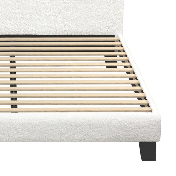 Nora Teddy Boucle Fabric Grid Design Bed | Modern Cushioned Touch White Upholstered Boucle Bed Frame
