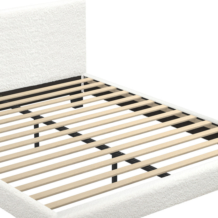 Nora Teddy Boucle Fabric Grid Design Bed | Modern Cushioned Touch White Upholstered Boucle Bed Frame