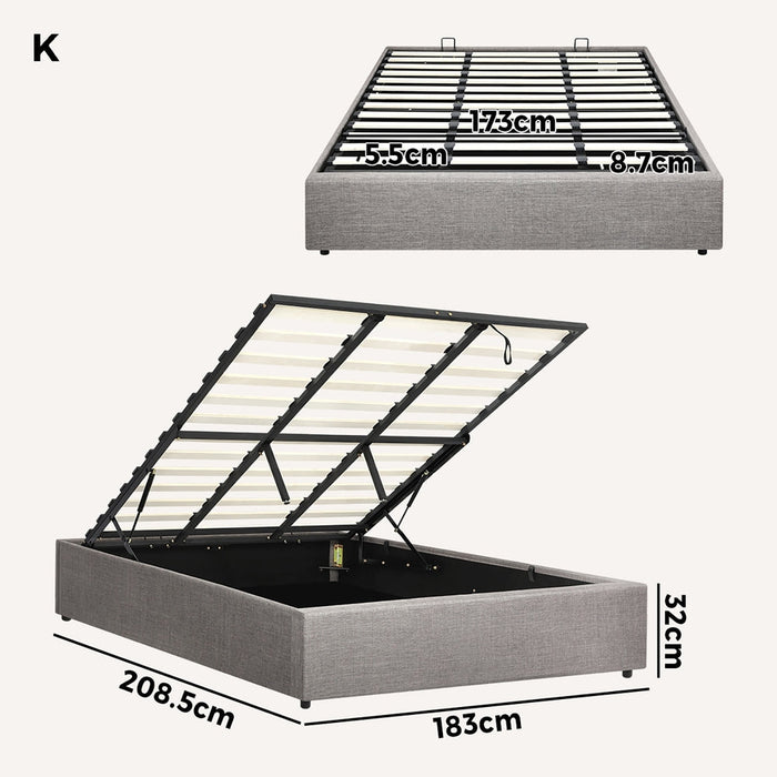 Premium Milano Grey Fabric Platform Bed Base | Two in One Gas Lift Storage Bed Base No Headboard