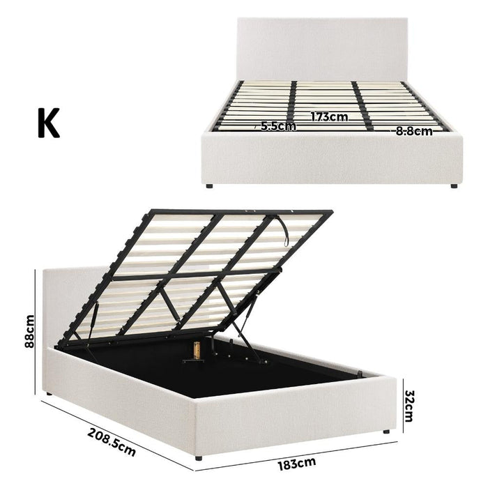 Premium Milano White Boucle Fabric Gas Lift Storage Bed | Two In One Bed and Storage Combo