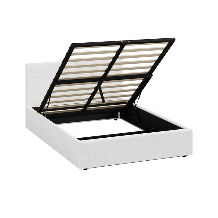 Premium Milano LED White Boucle Fabric Gas Lift Storage Bed | Glow Cushioned Two In One Bed and Storage Combo