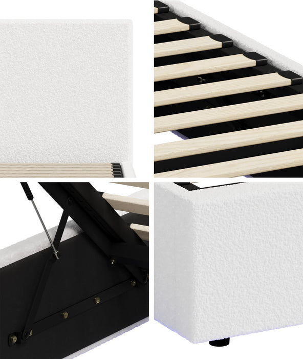 Premium Milano LED White Boucle Fabric Gas Lift Storage Bed | Glow Cushioned Two In One Bed and Storage Combo