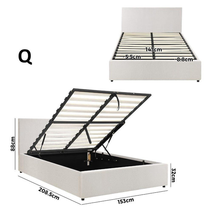 Premium Milano White Boucle Fabric Gas Lift Storage Bed | Two In One Bed and Storage Combo