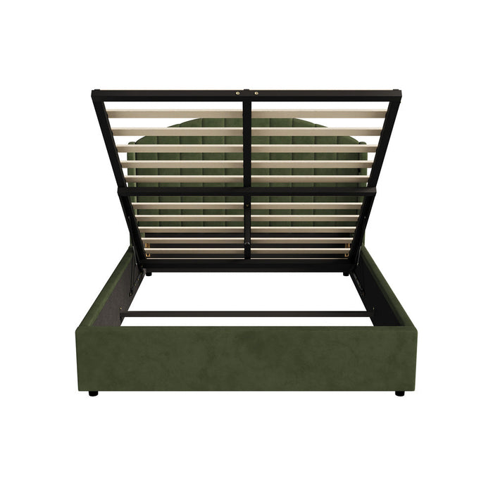 Allure Premium Soft Velvet Green Gas Lift Storage Bed | Bed and Storage Combo with USB Charging Built In