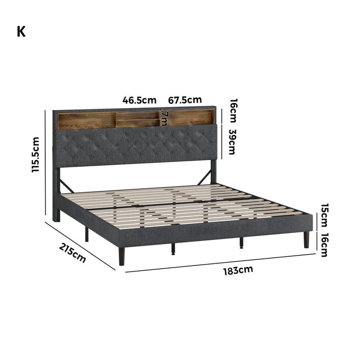 Piazzi LED Tuffted Grey Fabric Storage Bed | Modern Super Storage LED Lights Bed Frame
