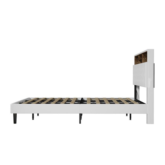 Piazzi LED Tuffted White PU Leather Storage Bed | Modern Super Storage LED Lights Bed Frame