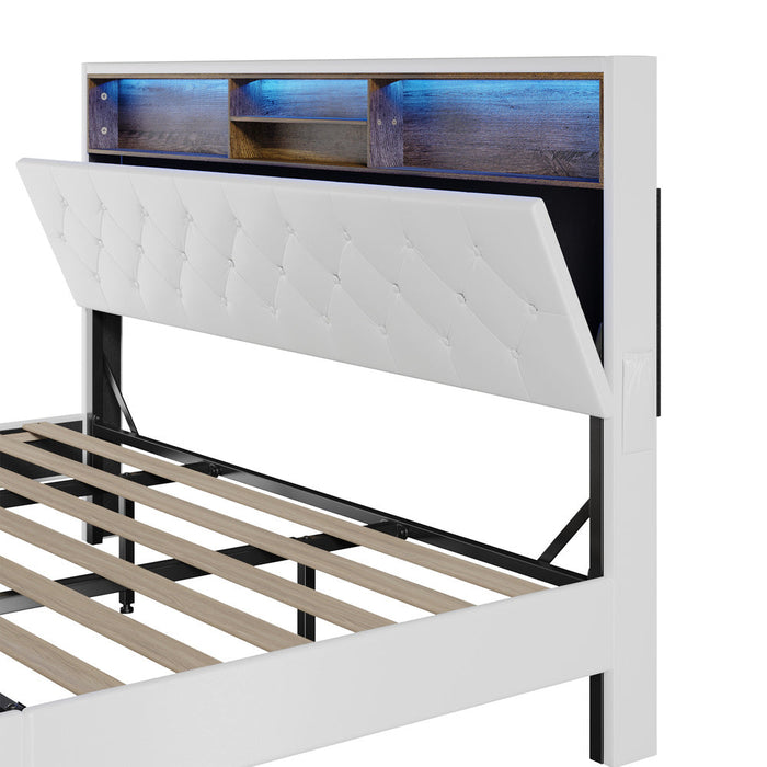 Piazzi LED Tuffted White PU Leather Storage Bed | Modern Super Storage LED Lights Bed Frame