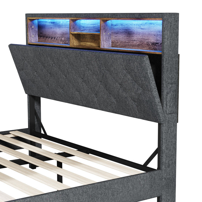 Piazzi LED Tuffted Grey Fabric Storage Bed | Modern Super Storage LED Lights Bed Frame