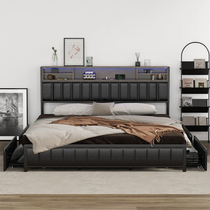 Duomo LED Black PU Leather Storage Bed with USB | Multi Functional Storage LED Lights Bed Frame