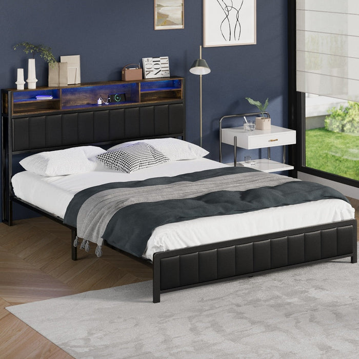 Duomo LED Black PU Leather Storage Bed with USB | Multi Functional Storage LED Lights Bed Frame