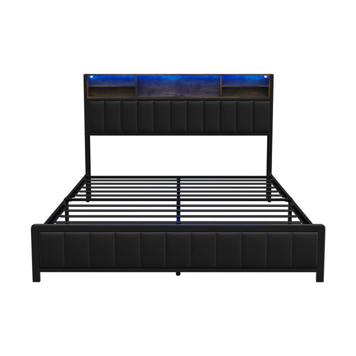 Duomo LED Black PU Leather Storage Bed with USB | Multi Functional Storage LED Lights Bed Frame