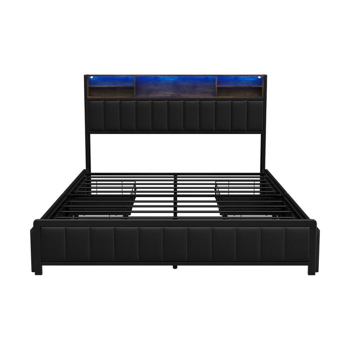 Duomo LED Black PU Leather Storage Bed with USB | Multi Functional Storage LED Lights Bed Frame