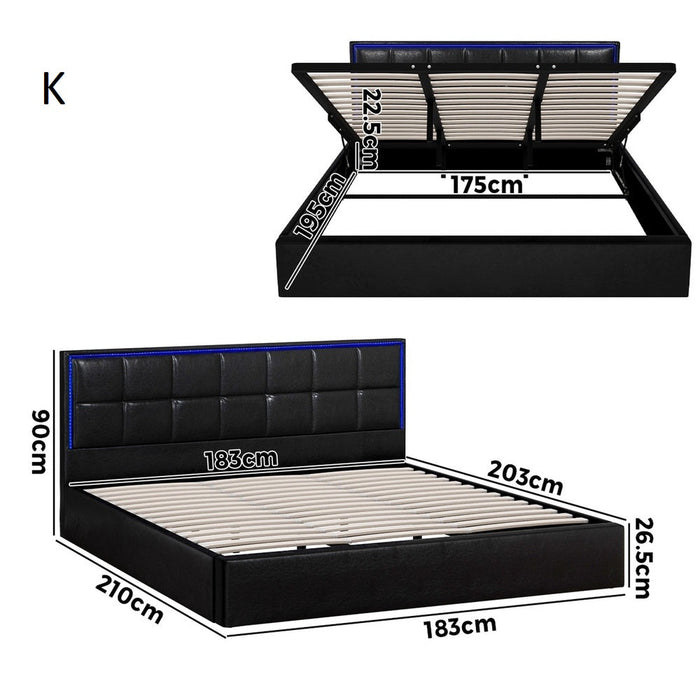 Neom Luxe PU Leather Padded LED Bed Frame | Modern Black PU Leather Gas Lift Storage Bed with LED Lighting