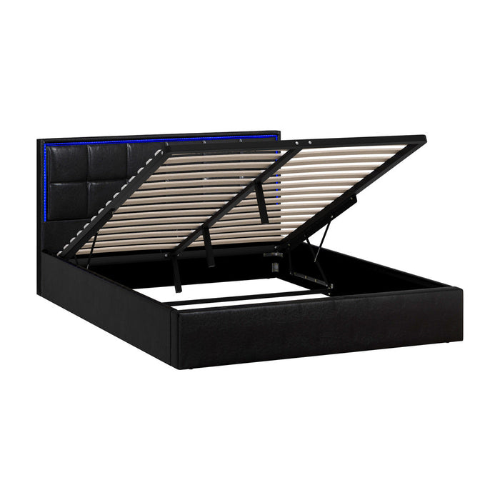 Neom Luxe PU Leather Padded LED Bed Frame | Modern Black PU Leather Gas Lift Storage Bed with LED Lighting