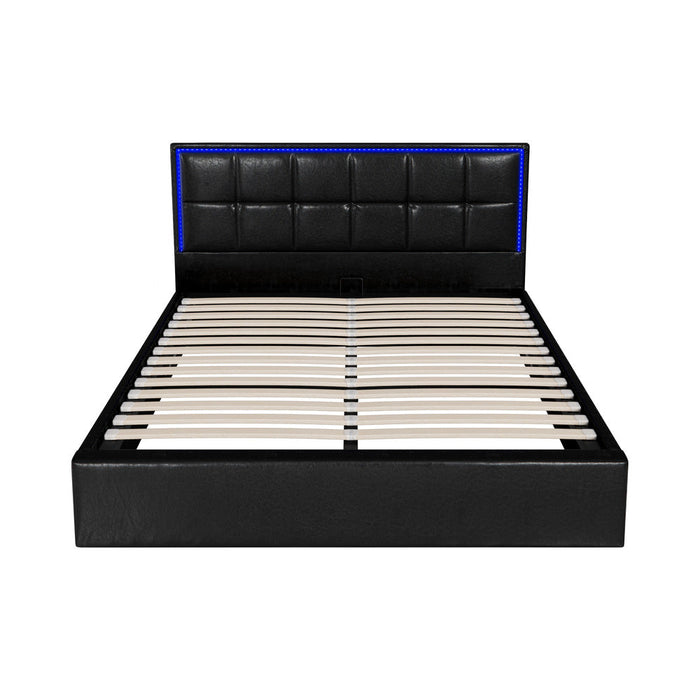 Neom Luxe PU Leather Padded LED Bed Frame | Modern Black PU Leather Gas Lift Storage Bed with LED Lighting