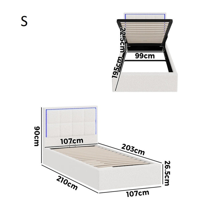 Neom Luxe Teddy Boucle Padded LED Bed Frame | Modern White Boucle Gas Lift Storage Bed with LED Lighting