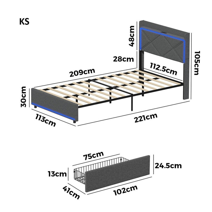 Sierra LED Storage Bed with USB Charging | Grey Fabric Storage LED Lights Bed 4 Draws