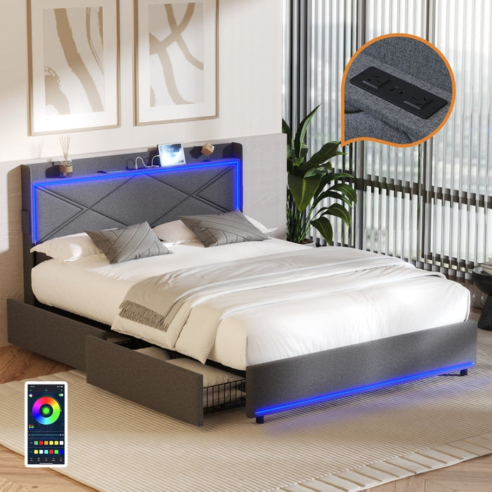 Sierra LED Storage Bed with USB Charging | Grey Fabric Storage LED Lights Bed 4 Draws