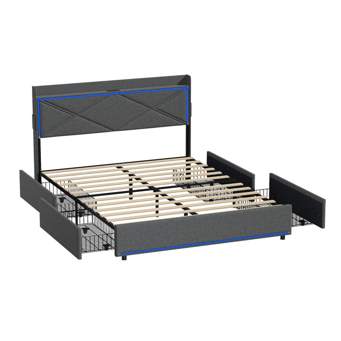 Sierra LED Storage Bed with USB Charging | Grey Fabric Storage LED Lights Bed 4 Draws