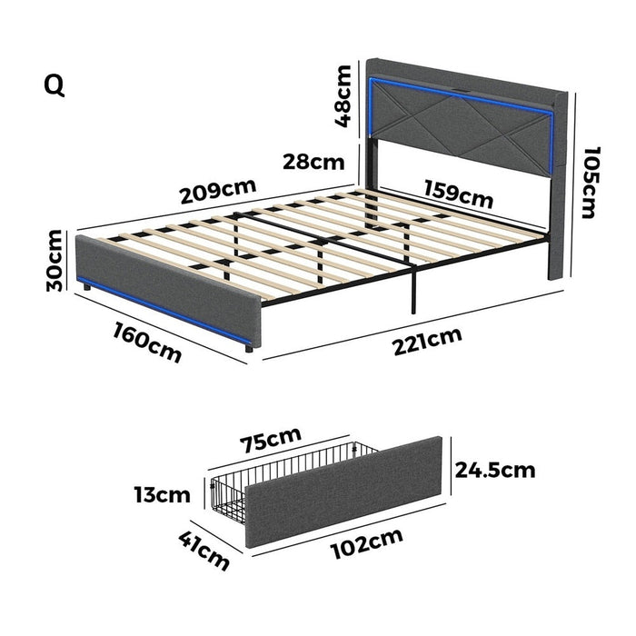 Sierra LED Storage Bed with USB Charging | Grey Fabric Storage LED Lights Bed 4 Draws