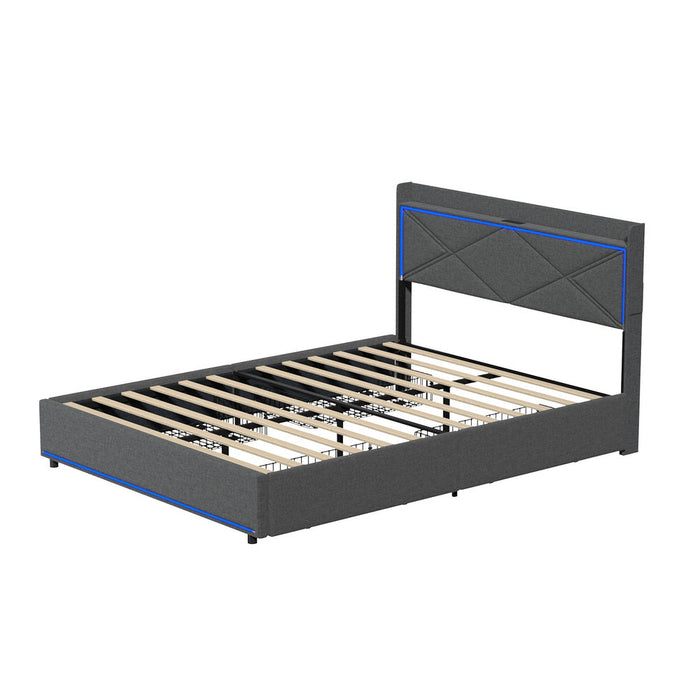 Sierra LED Storage Bed with USB Charging | Grey Fabric Storage LED Lights Bed 4 Draws