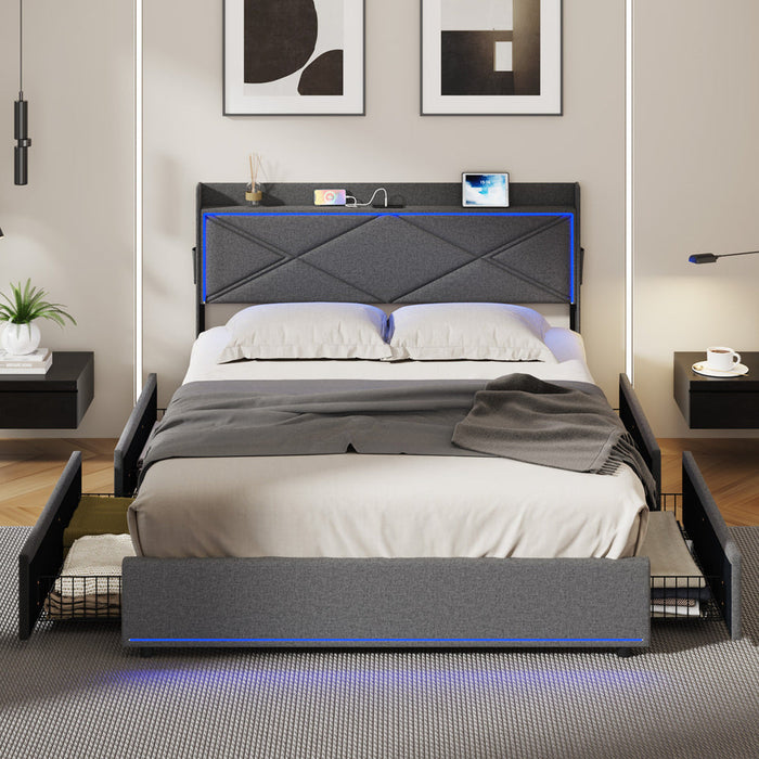 Sierra LED Storage Bed with USB Charging | Grey Fabric Storage LED Lights Bed 4 Draws