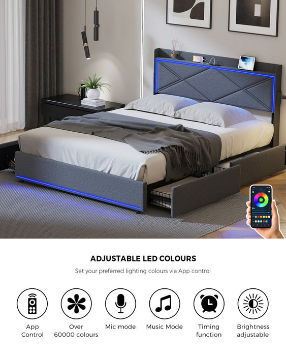 Sierra LED Storage Bed with USB Charging | Grey Fabric Storage LED Lights Bed 4 Draws