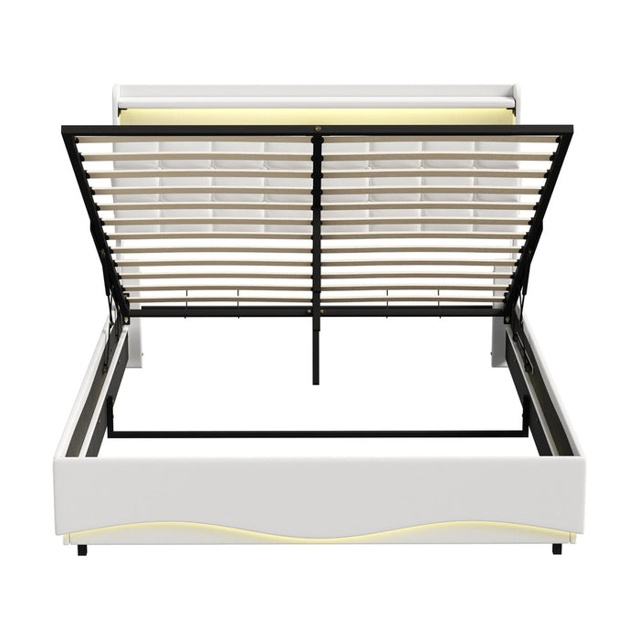 Monterro LED Gas Lift Storage Bed with USB Charging | PU Leather White LED Lights Bed Frame Dual Storage