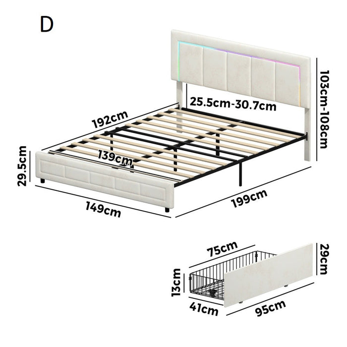 Marlisse 4 Draw Plush Velvet Beige Storage Bed | Adjustable Bedhead LED Lighting Padded Bed Frame