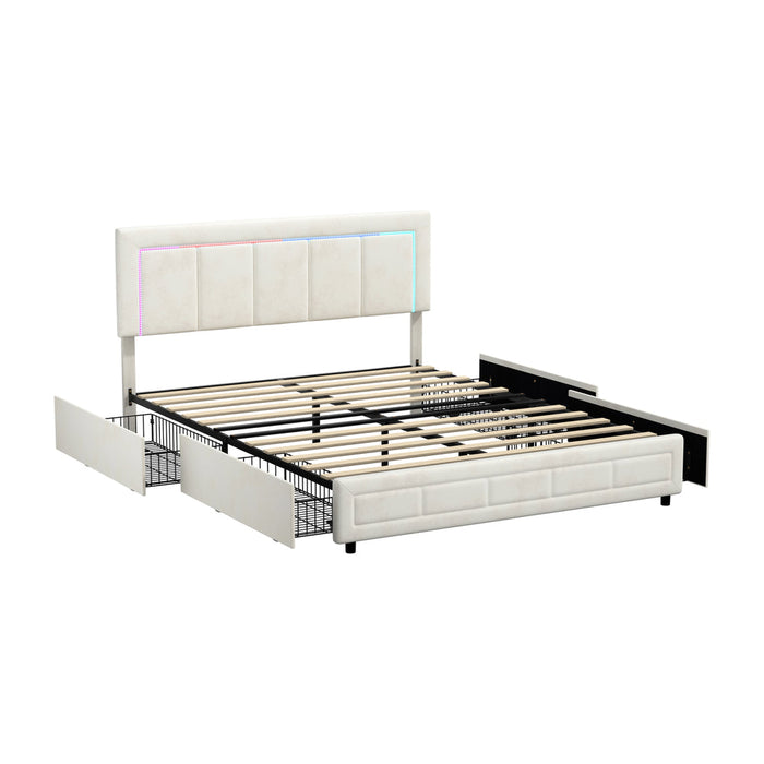 Marlisse 4 Draw Plush Velvet Beige Storage Bed | Adjustable Bedhead LED Lighting Padded Bed Frame