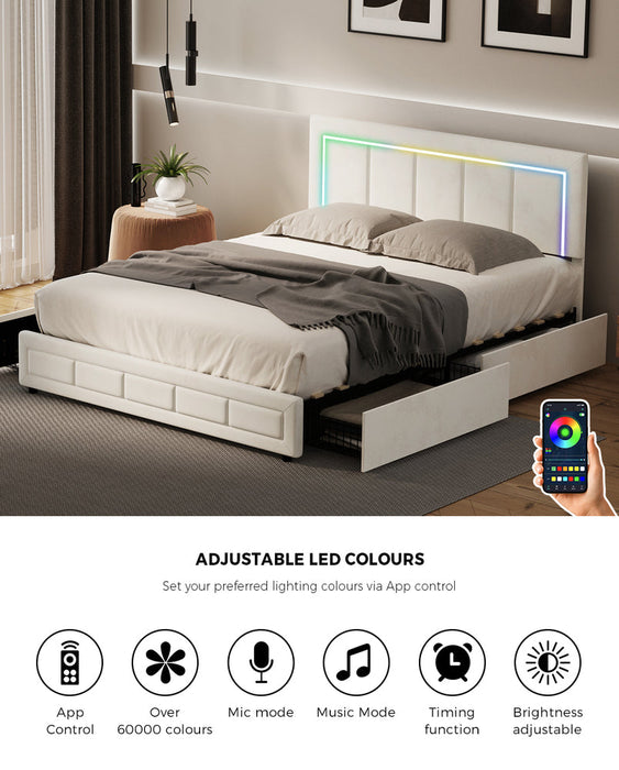 Marlisse 4 Draw Plush Velvet Beige Storage Bed | Adjustable Bedhead LED Lighting Padded Bed Frame
