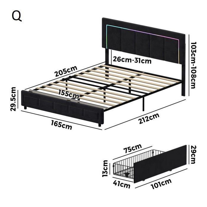 Marlisse 4 Draw Plush Velvet Black Storage Bed | Adjustable Bedhead LED Lighting Padded Bed Frame