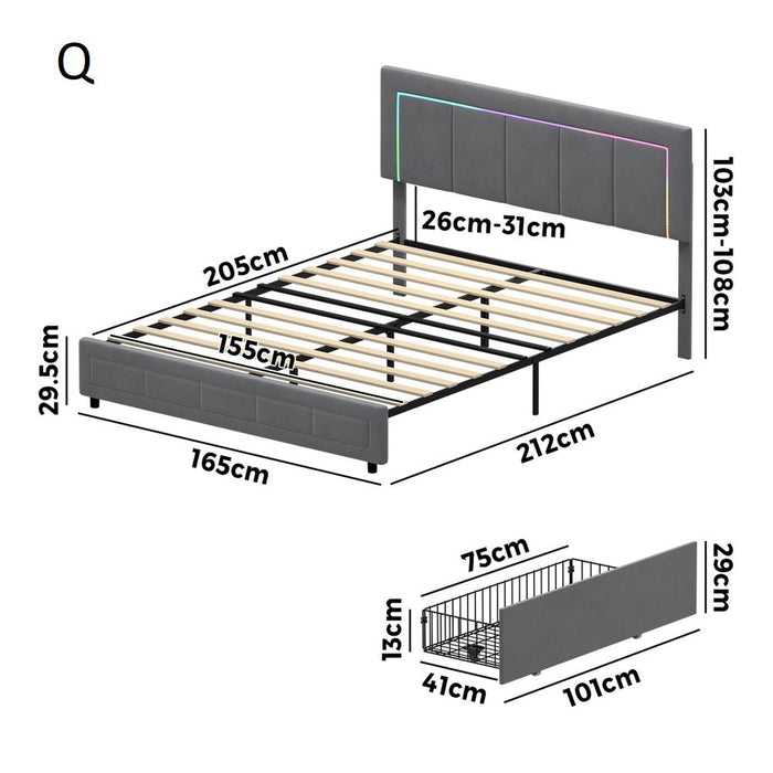 Marlisse 4 Draw Plush Velvet Grey Storage Bed | Adjustable Bedhead LED Lighting Padded Bed Frame