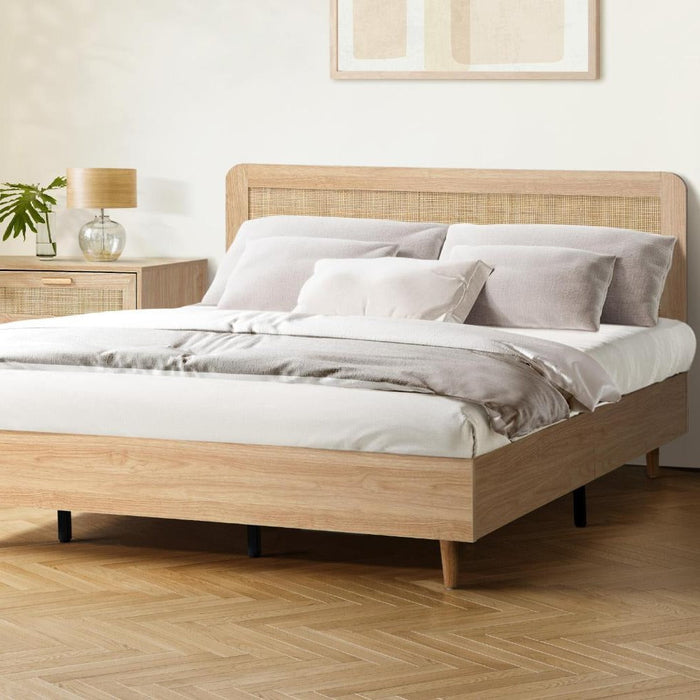 Abruzzi Genuine Rattan Wooden Bed | Modern Elegant Wooden Bed Frame Rattan Headboard
