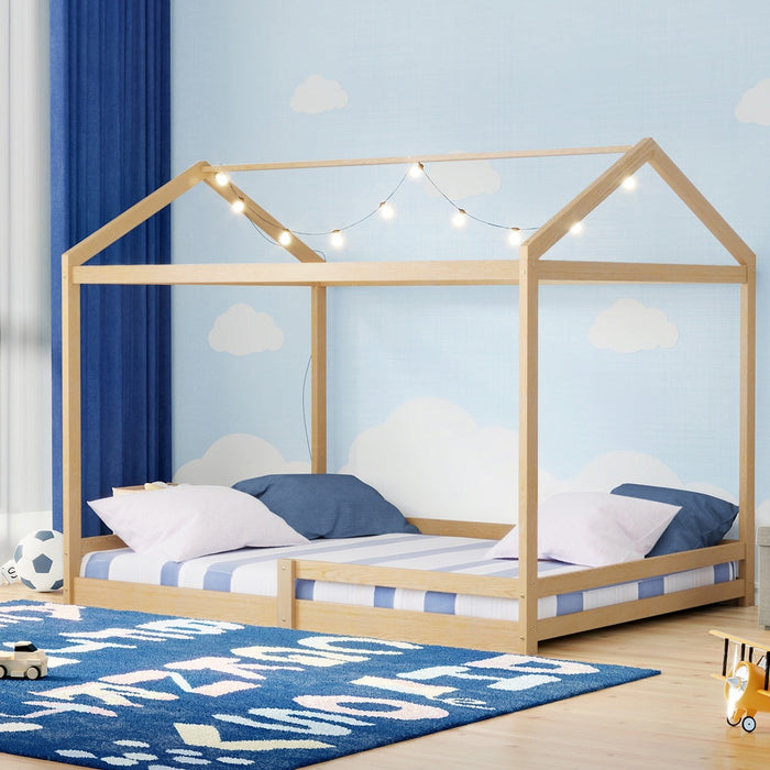 Juno Double Size Wooden NZ Pine Kids House Bed with Fence | Kids House Style Double Bed Frame
