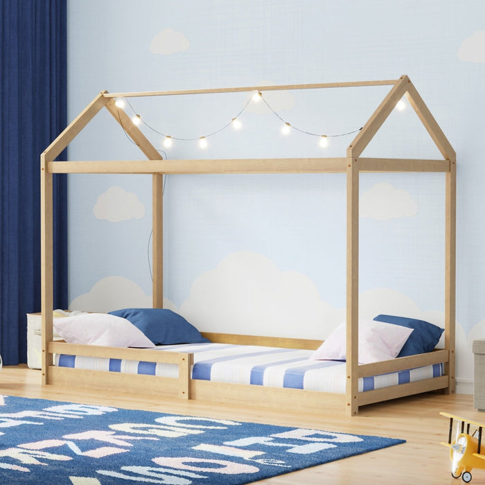 Juno Wooden NZ Pine Kids House Bed with Fence | Kids House Style Bed Frame in Single