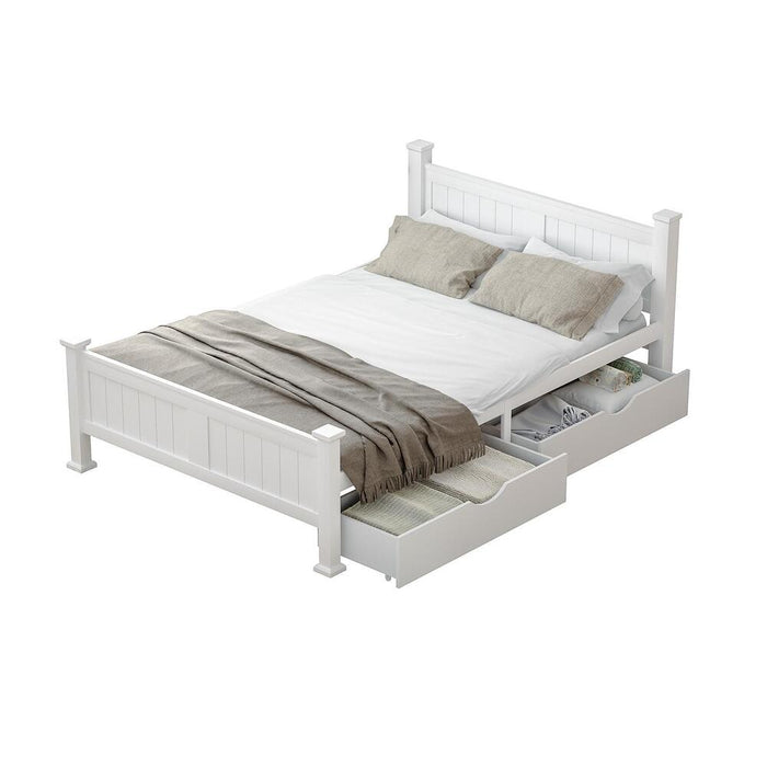 Mila Cottage White Wooden Bed Frame with Storage Draws | Solid Modern Timber Frame with Space Storage Draws