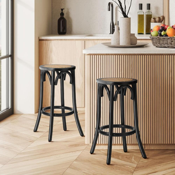 Set of Two Eros Vintage Wooden Rattan Barstools | Stylish Retro Wooden Barstools Set