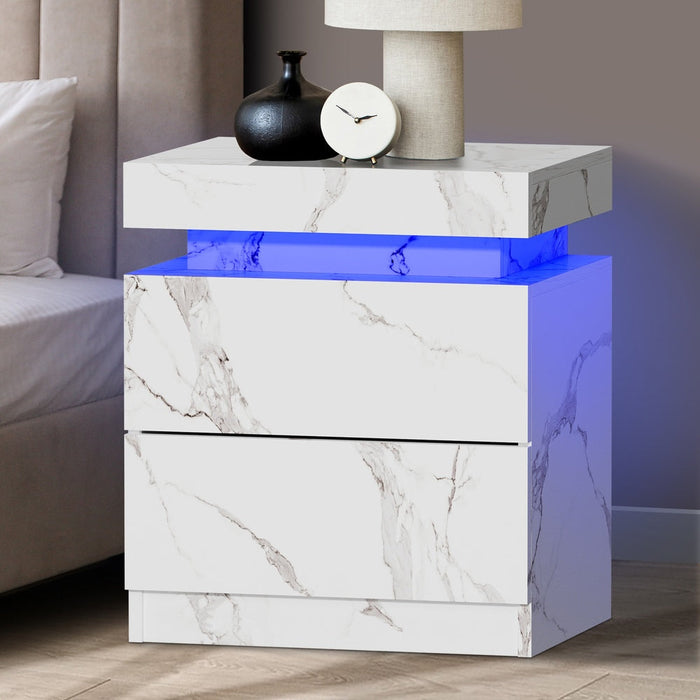 Carrara LED Marble Style Bedside Table | Modern Extra Storage Lift Top Nightstand