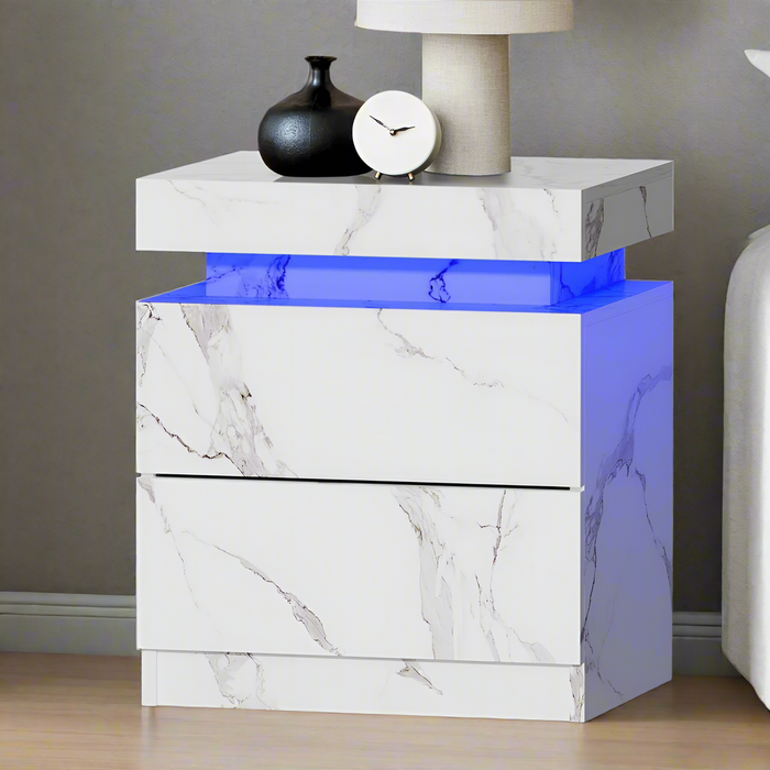 Carrara LED Marble Style Bedside Table | Modern Extra Storage Lift Top Nightstand