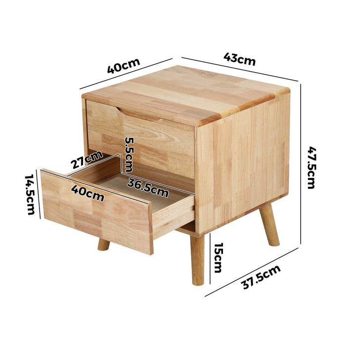 Bronson 2 Draw Solid Wood Bedside Table | Modern Handle Free Hardwood Bedroom Nightstand