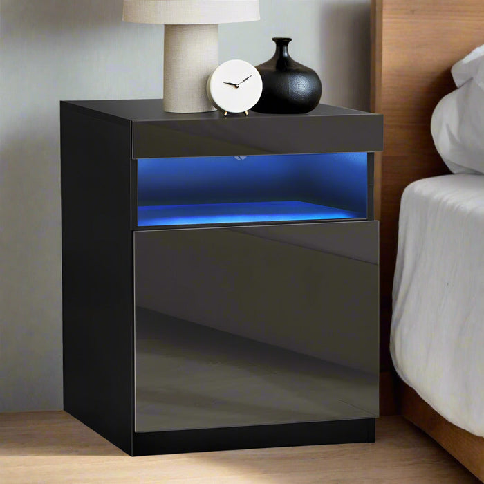 Grazio Modern LED Bedside Table | Gloss Storage Draw One Shelf Nightstand