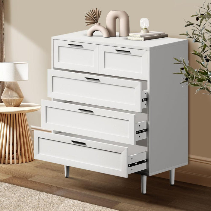 Essenza Mila 5 Draw Modern Dresser Tallboy | 5 Draw Chest Of Drawers Wooden Storage Unit